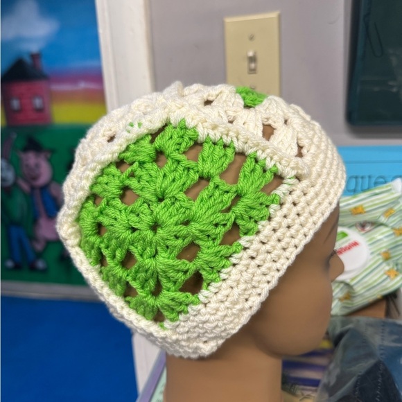 Cream & Green Crochet Beanie Hat made to order - Picture 2 of 8